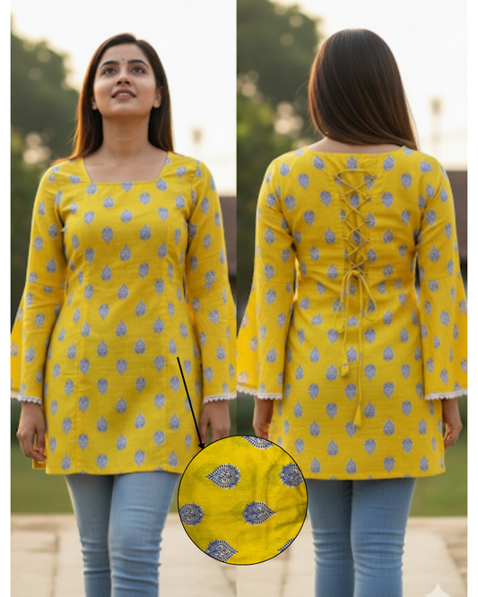 Yellow form fitting broaden neckline kurti short