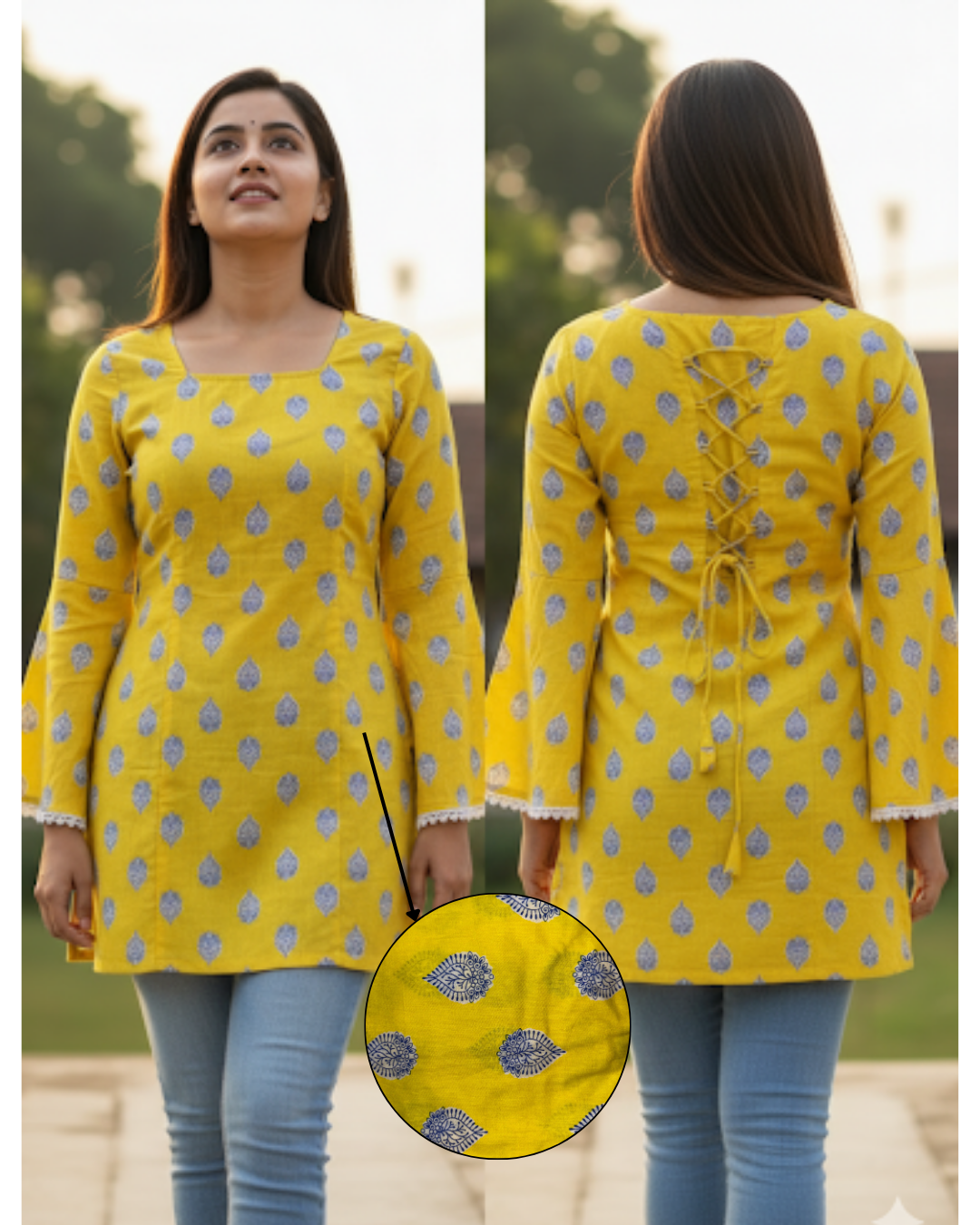 Yellow form fitting broaden neckline kurti short