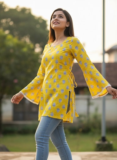 Yellow form fitting broaden neckline kurti short
